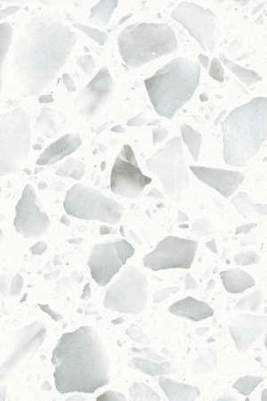Zdjęcie płytek lastryko CARRARA 0/25 terrazzo w białej tonacji z wyrazistymi drobinkami w odcieniach szarości i błękitu, idealnych do przestrzeni mieszkalnych i użytkowych.